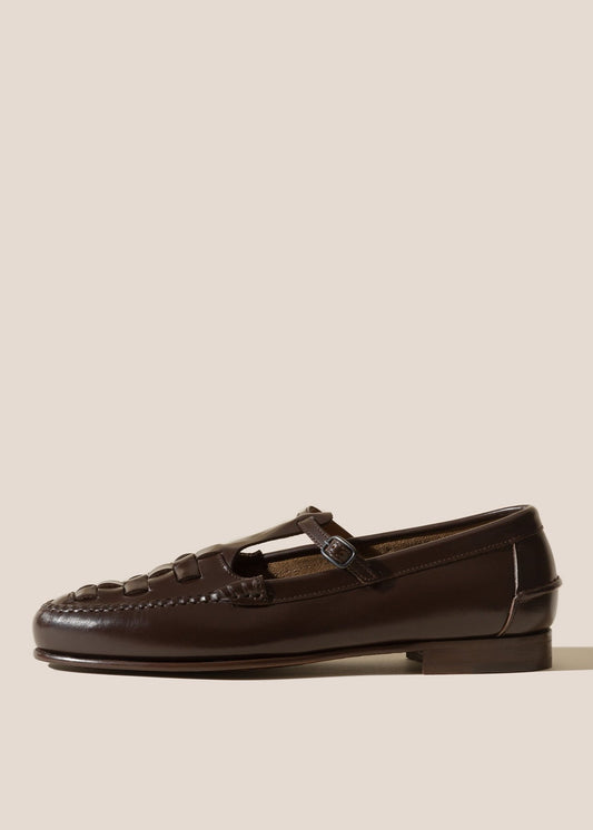 HEREU MEN MAQUEDA INTERWOVEN T-BAR LOAFER - DARK BROWN