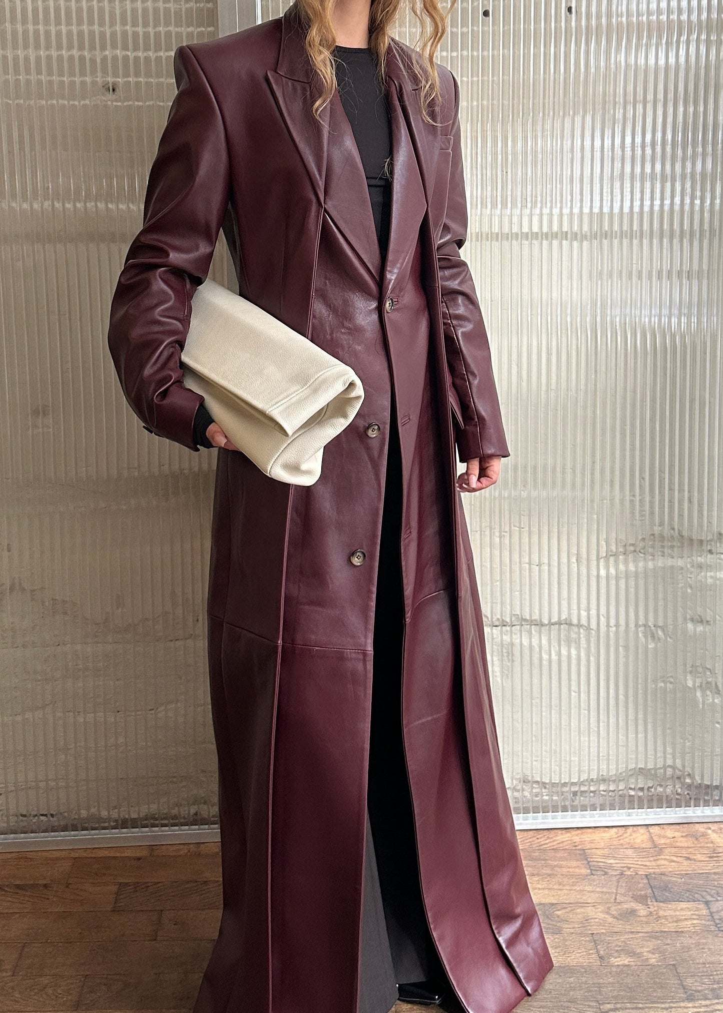 SITUATIONIST LONG LEATHER COAT - BURGUNDY