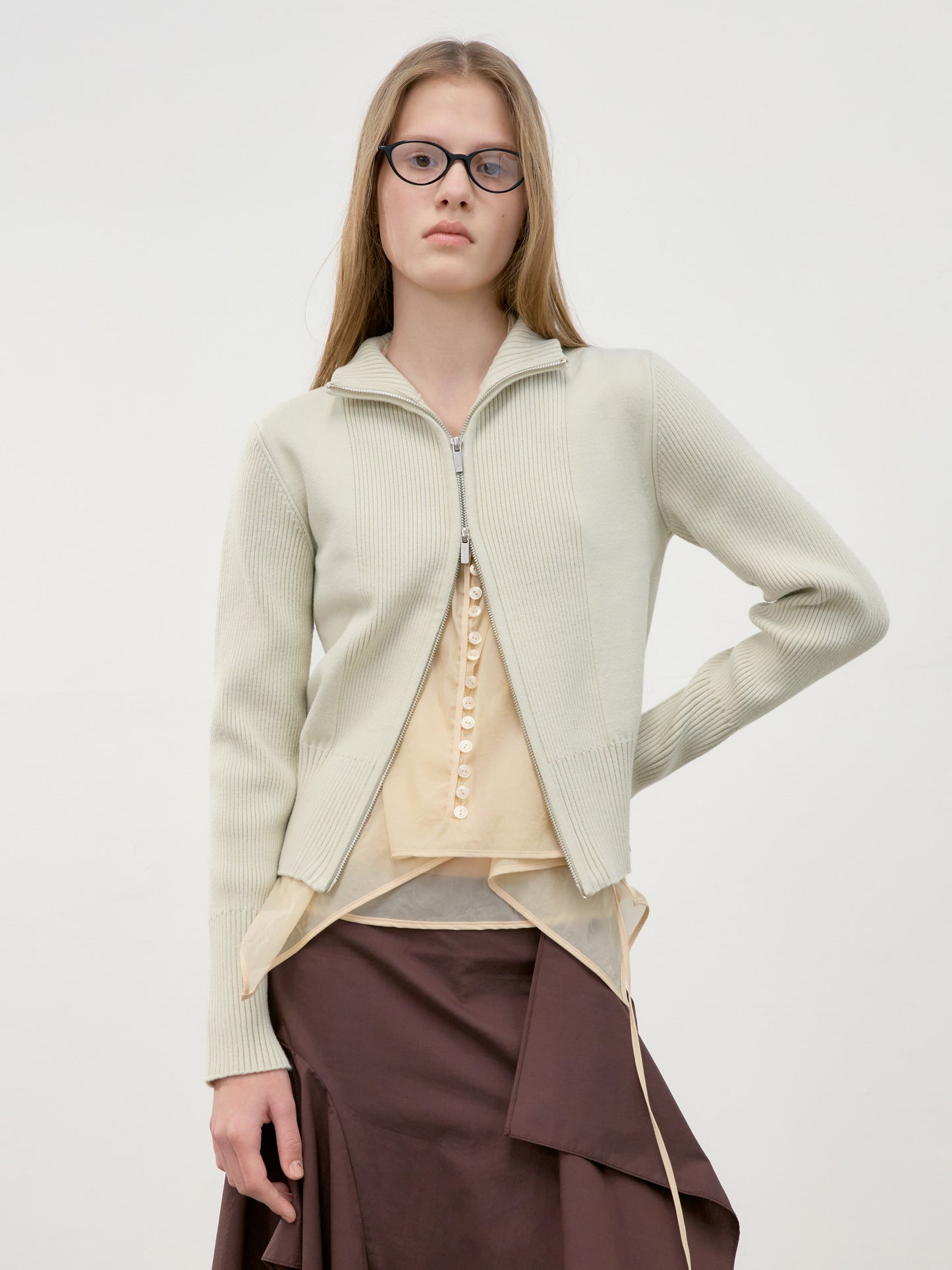 LOW CLASSIC HIGHNECK ZIP-UP KNIT TOP - MINT