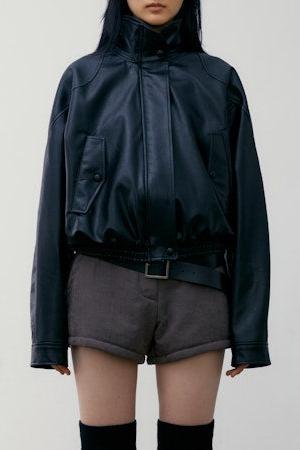 LOW CLASSIC HIGH NECK LEATHER SHORT JACKET - BLACK
