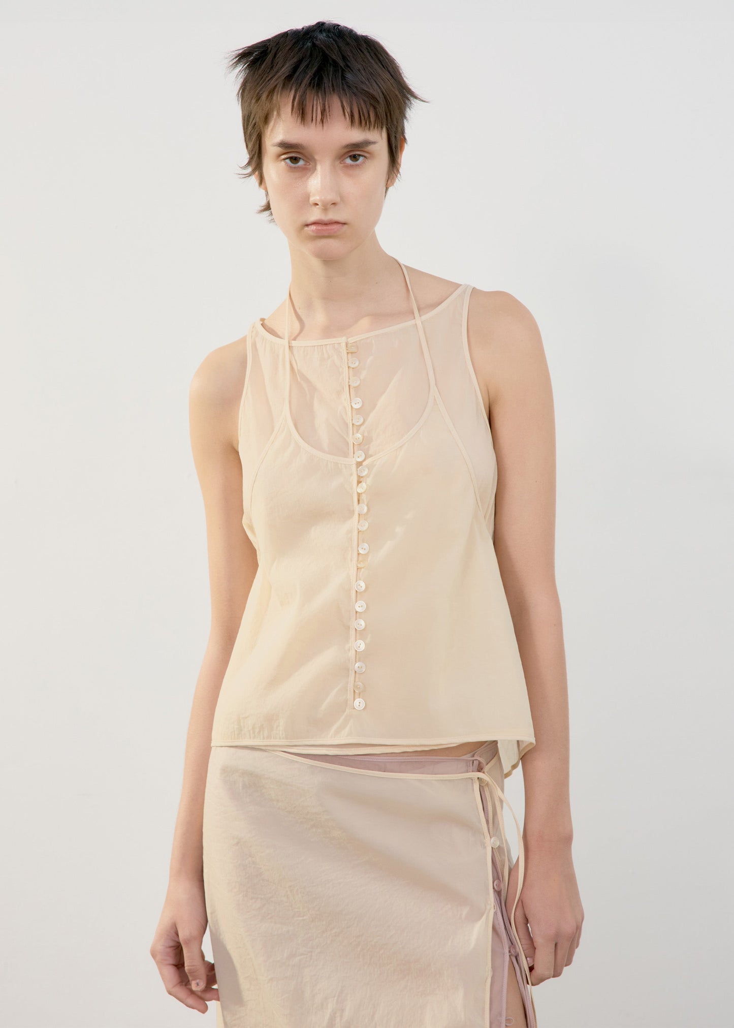 LOW CLASSIC SEE-THROUGH BUTTON LOOP SKIRT - BEIGE