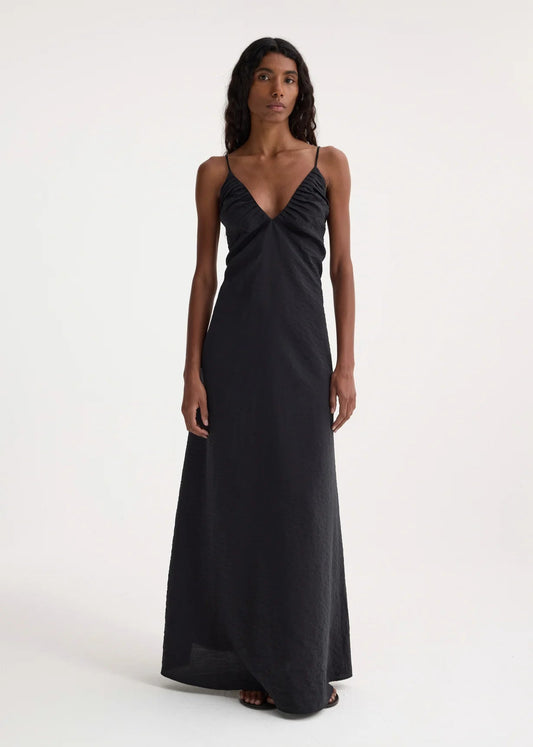 RÓHE HAMMERED SILK V-NECK STRAP DRESS - BLACK