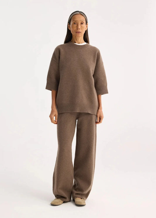 RÓHE COMPACT KNITTED SHORT SLEEVE TOP - TAUPE MELANGE
