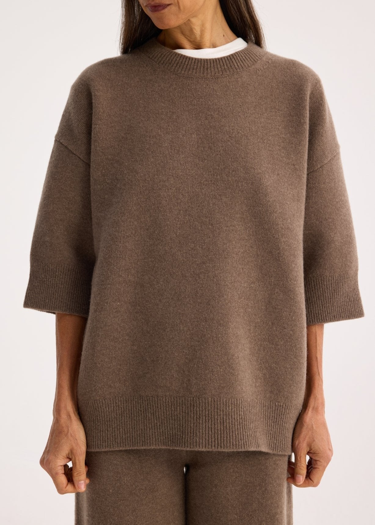 RÓHE COMPACT KNITTED SHORT SLEEVE TOP - TAUPE MELANGE