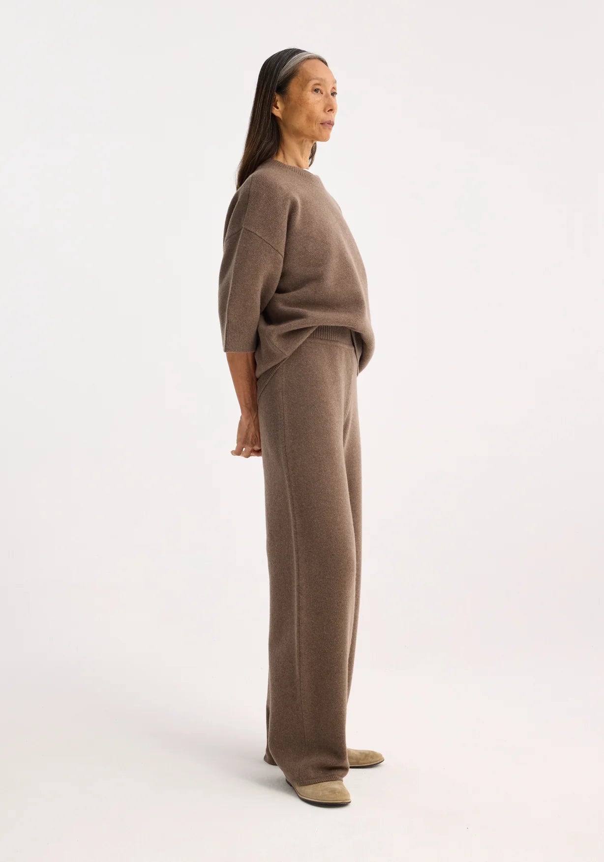 RÓHE COMPACT KNITTED SHORT SLEEVE TOP - TAUPE MELANGE