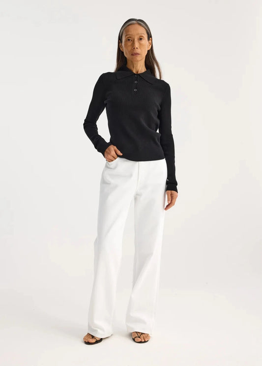 RÓHE RIB KNITTED LONGSLEEVE POLO - BLACK