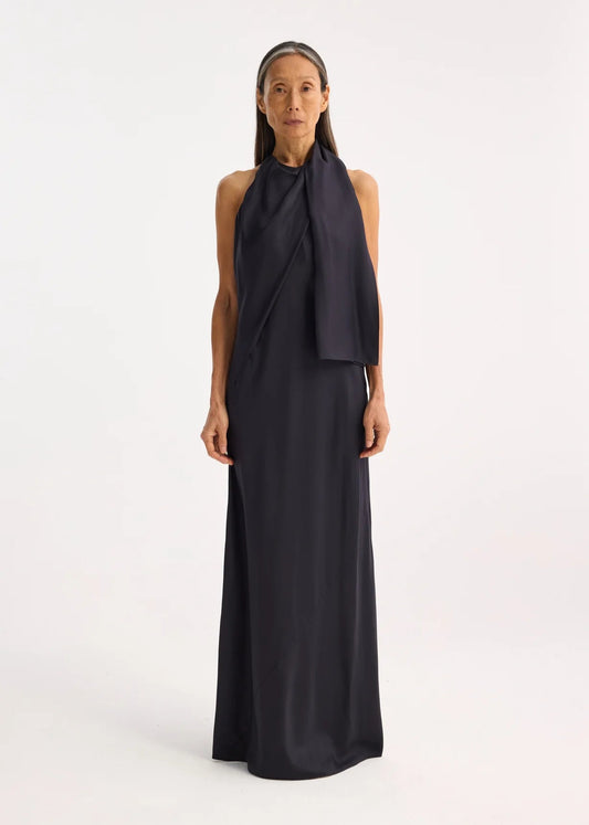 RÓHE SILK FOULARD HALTER DRESS - NAVY
