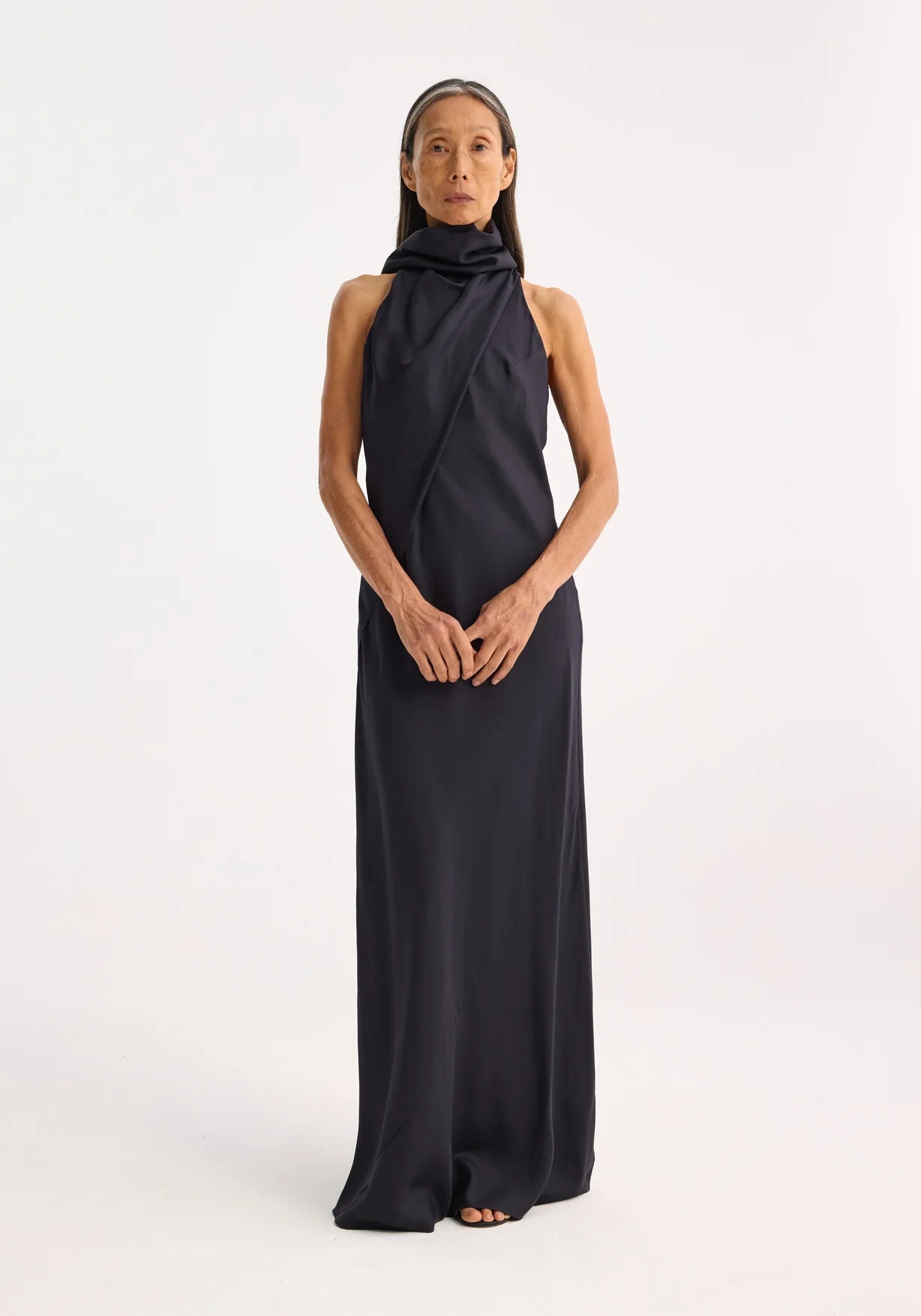 RÓHE SILK FOULARD HALTER DRESS - NAVY