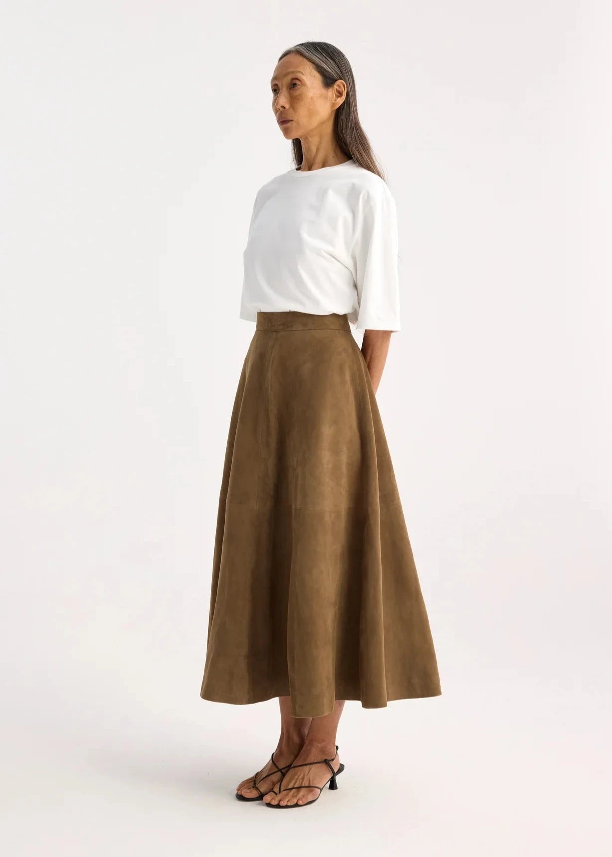 RÓHE SUEDE A-LINE SKIRT - LIGHT KHAKI