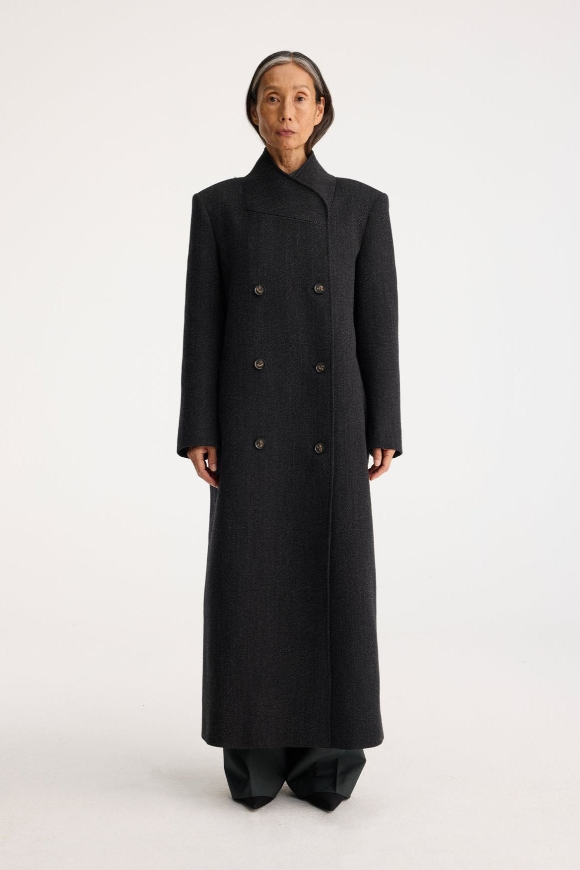 RÓHE FOLDED COLLAR DOUBLE BREASTED COAT - CHARCOAL HERRINGBONE