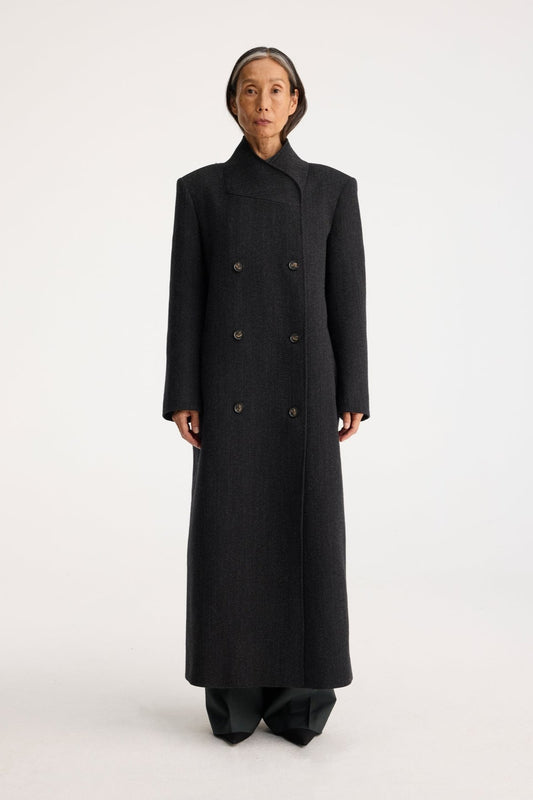 RÓHE FOLDED COLLAR DOUBLE BREASTED COAT - CHARCOAL HERRINGBONE