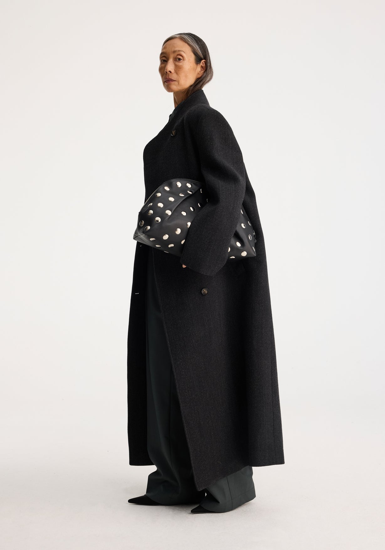 RÓHE FOLDED COLLAR DOUBLE BREASTED COAT - CHARCOAL HERRINGBONE
