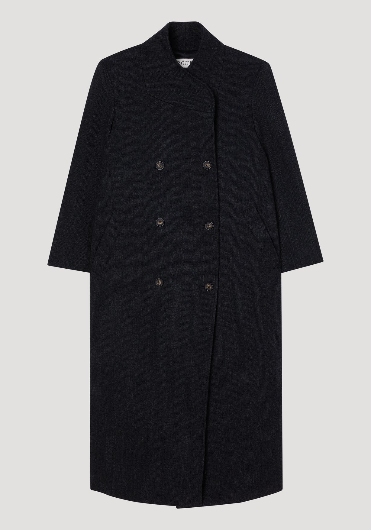 RÓHE FOLDED COLLAR DOUBLE BREASTED COAT - CHARCOAL HERRINGBONE